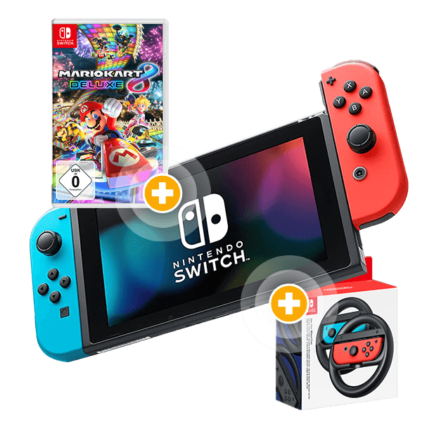 Nintendo Switch + Mario Kart 8 Deluxe + Lenkräder Rot / Blau